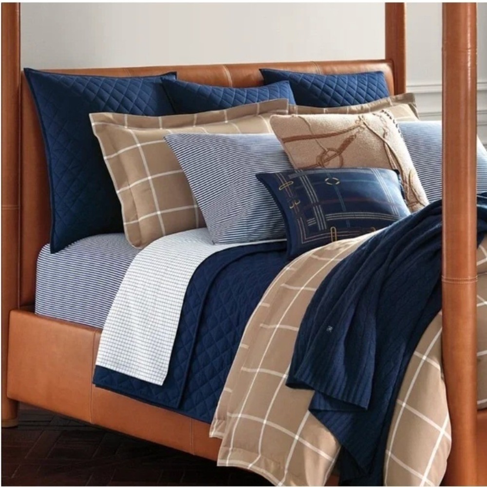 Ralph Lauren Modern Equestrian Cromwell Quilted Euro Sham Navy Blue Button Close - Picture 4 of 7
